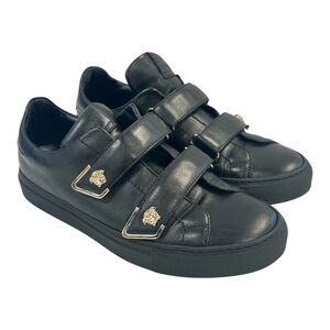 Versace Black Leather Triple-Strap Sneakers with Gold Medusa Buckles